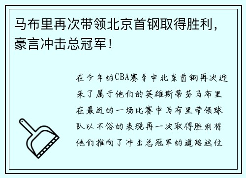 马布里再次带领北京首钢取得胜利，豪言冲击总冠军！