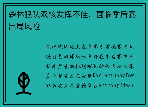森林狼队双核发挥不佳，面临季后赛出局风险