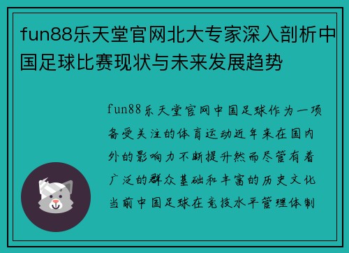 fun88乐天堂官网北大专家深入剖析中国足球比赛现状与未来发展趋势